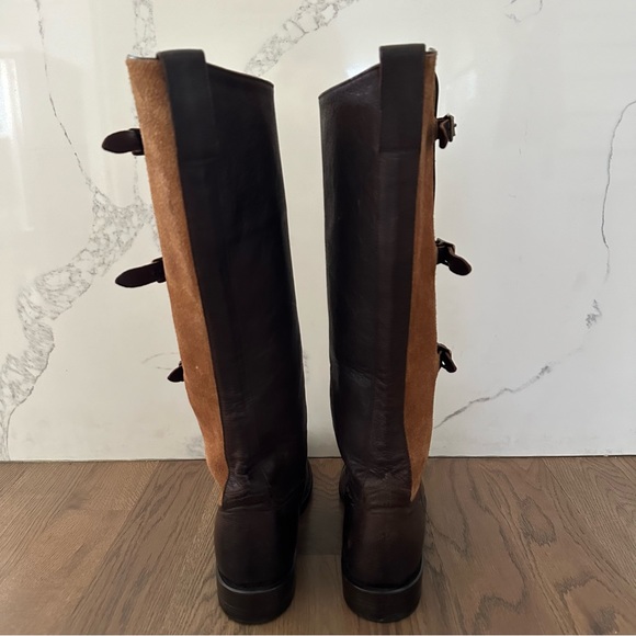 Kemosabe + Lucchese Tall Buckle Leather Equestrian Riding Boot Brown & Tan 9M - Picture 3 of 8